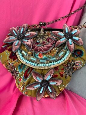 Mary Frances Vintage Olive & Mauve Floral Beaded Clutch, NWT